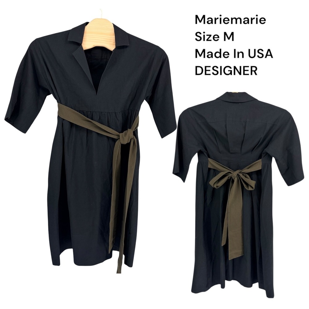 MarieMarie Midi Dress M Black Cotton Wool Blend Empire Waist V-Neck Sash Tie